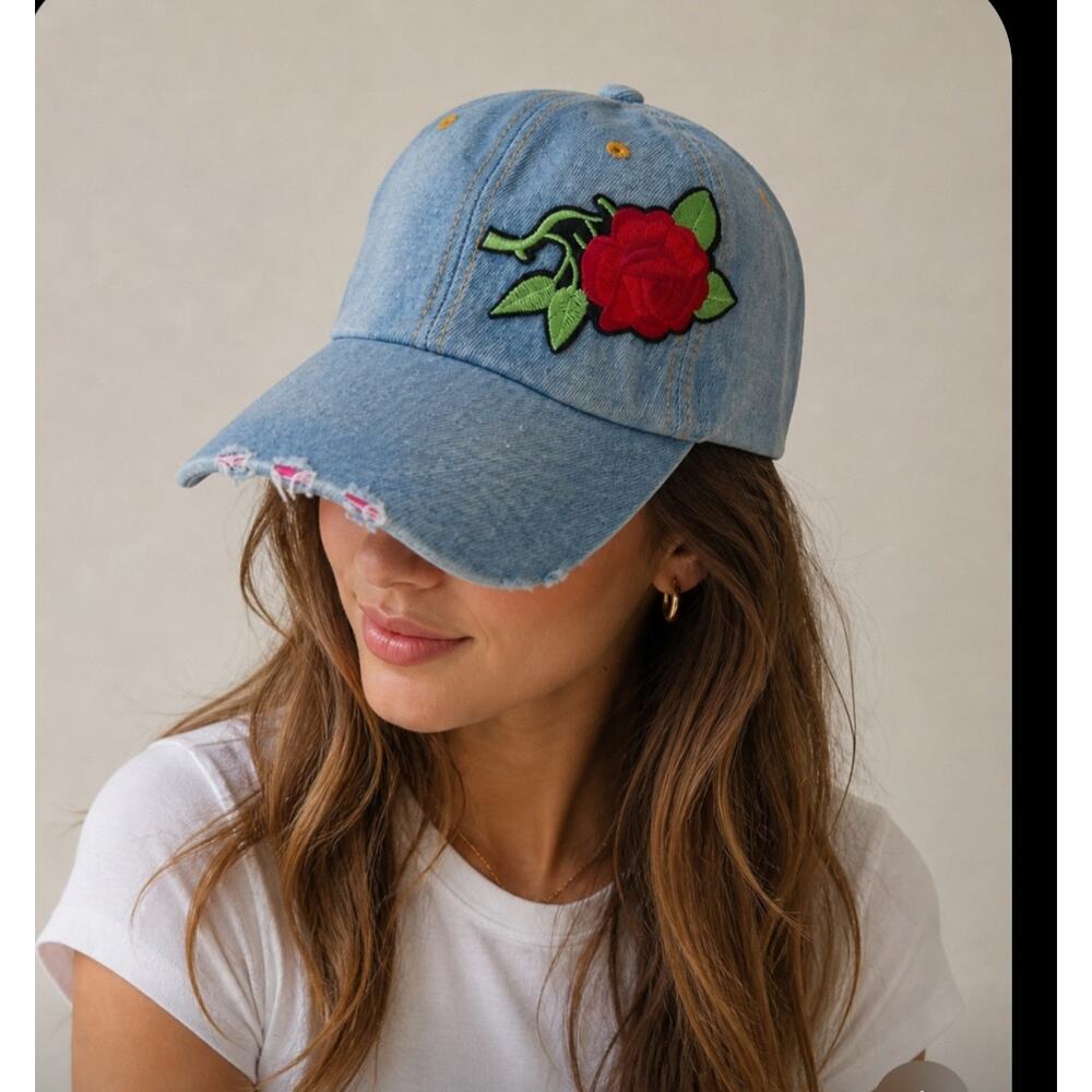 Jennifer Flower Denim Baseball Cap NWT